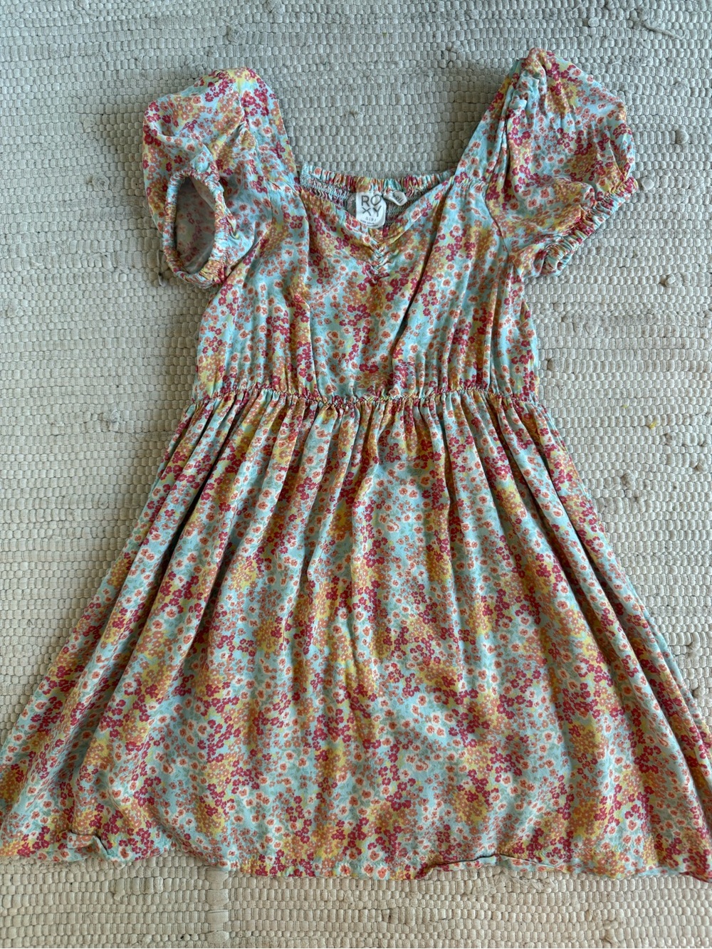 Roxy Floral Puff-Sleeve Dress in Teal, Pink and Mustard